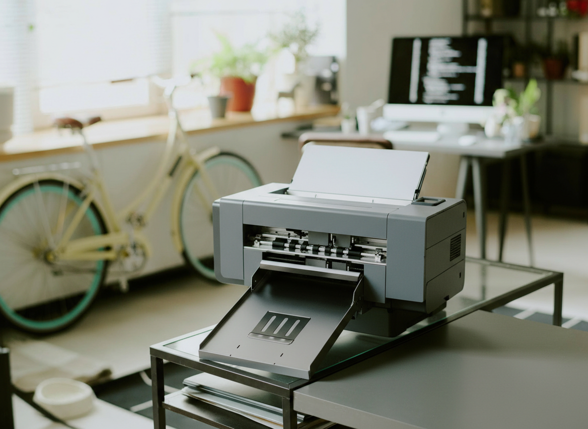 Ev ofisinde cam sehpa üzerinde gri yazıcı