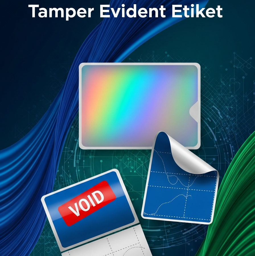 Tamper evident etiket örnekleri: VOID etiket, hologram etiket ve özel tasarım etiket.