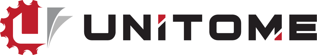 UNITOME logosu: Kırmızı dişli çark, gri çizgi ve siyah UNITOME yazısı