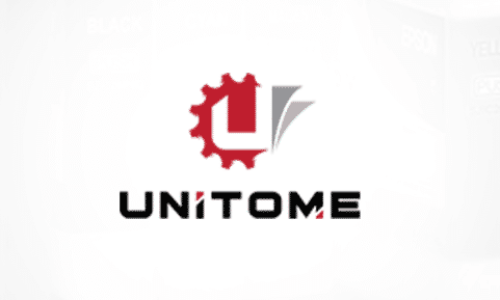 UNITOME logosu: Kırmızı dişli çark içinde "U" harfi ve yanında stilize edilmiş sayfalar.